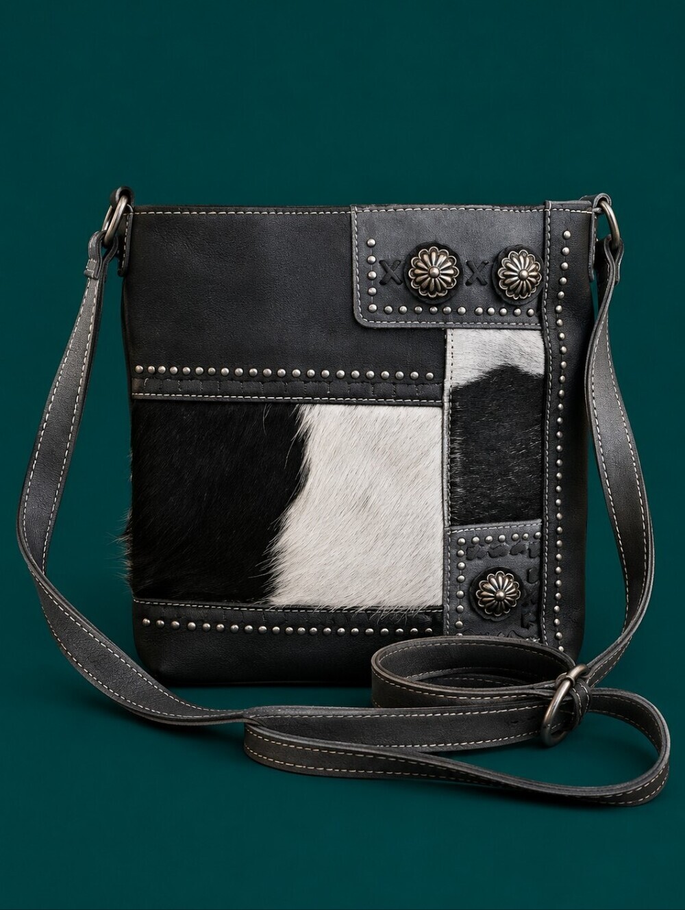 TRINITY RANCH Black and Gray Western Cowhide Studded Concho Crossbody Bag